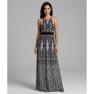 White House Black Market Black White Damask Geometric Halter Maxi Dress Medium